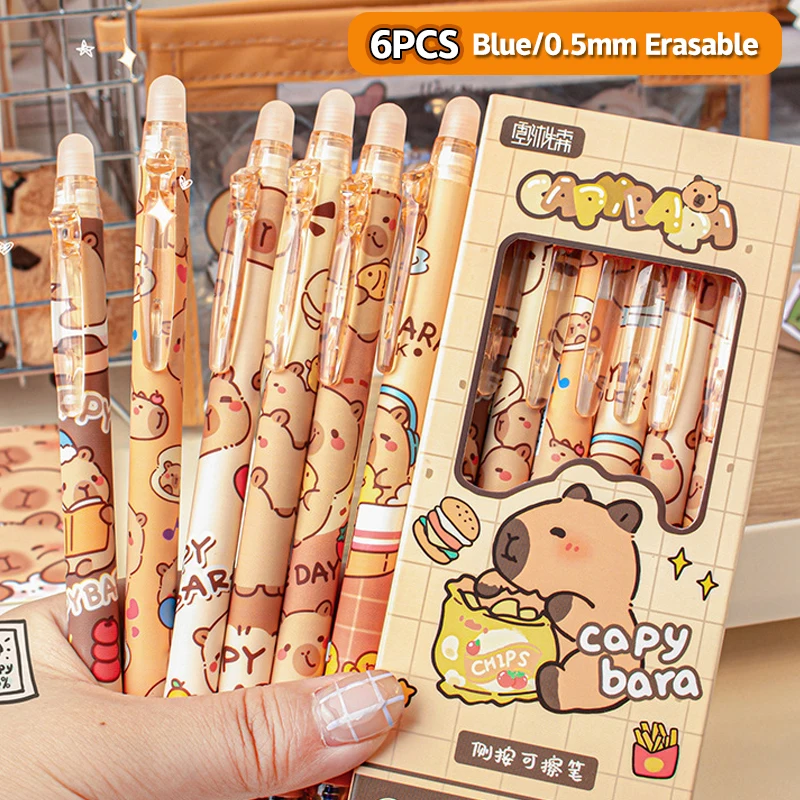 

4/6 шт., милые гелевые ручки с капибарой, набор ручек Kawaii, быстросохнущие синие, черные стираемые ручки, офисные школьные принадлежности, эстетические канцелярские принадлежности