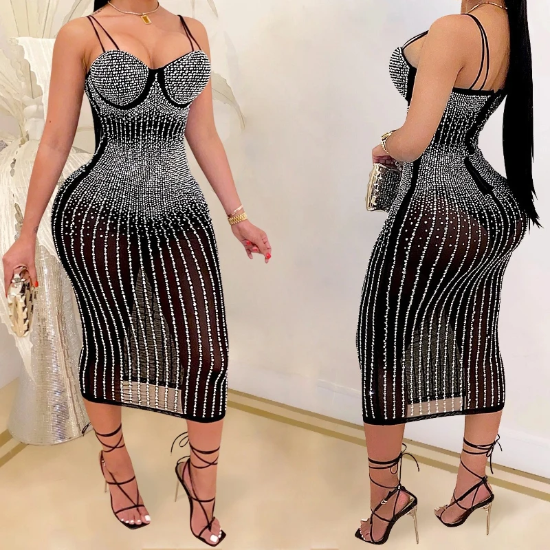 

Women's Mesh See Though Hot Rhinestones Plunging V-neck Black Midi Bodycon Dress Sexy Nightclub Party Dresses Pencil Vestidos