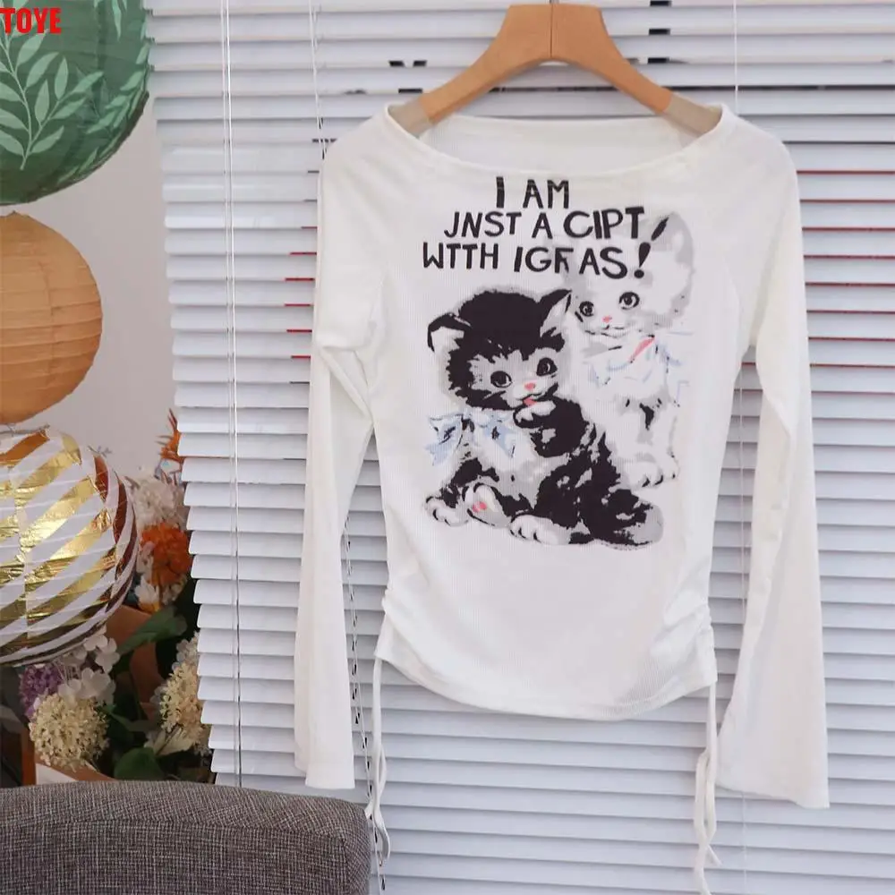 

Sweethot Cat Off Shoulder T-shirts Cartoon Drawstring Pullover Women Retro Thin Streetwear Slim Crop Tops Girls