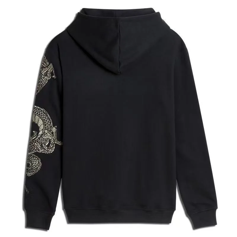 Dragon Embroidery Men 100% Cotton Black Hoodies Chinese Style Unisex Hooded Sweatshirts Casual Hoody