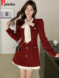 Elegant Slim Thick Bowknot Vestidos Korean Design Single Breasted Short Dress Fall Winter Casual Long Sleeve A-lined Dresses New