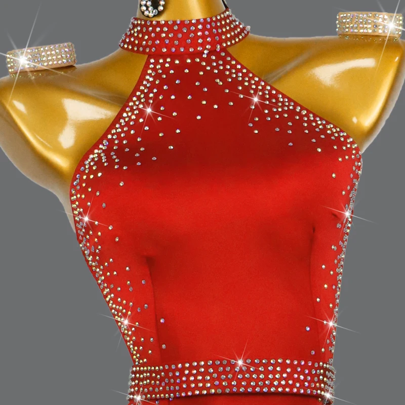 New Red Latin Dance Competition Dress Sexy gonna senza spalline per le donne Diamond spedizione gratuita abbigliamento da sala da ballo per ragazza linea Midi Cha Nuovi prodotti e serie Personalizzazione Avanzata Moda