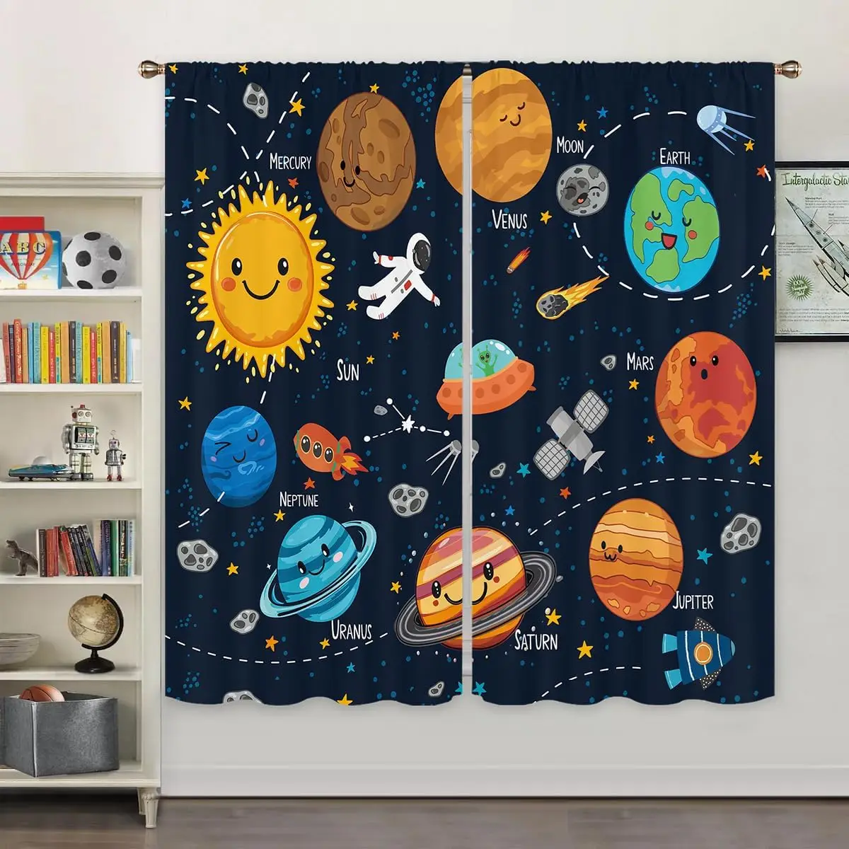 Solar System Universe Window Curtains Rod Pocket Kids Boys Outer Space Planet Learning Study Knowledge Galaxy Polyester Window