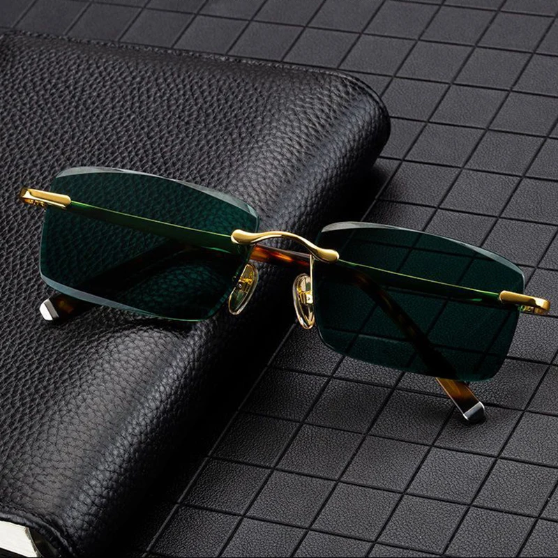 Green Rimless Glass Sunglasses Man Crystal Stone Sun Glasses Woman Natural Mineral Lens Metal Acetate Anti Scratch Top Quality