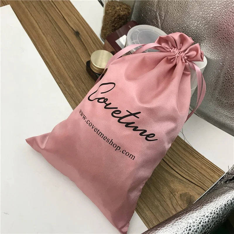 Satin Drawstring Luxry Gift Bag Makeup Shoes Clothes Virgin Hair Extensions Wigs Packaging Bags Storage Custom Logo 20PCS