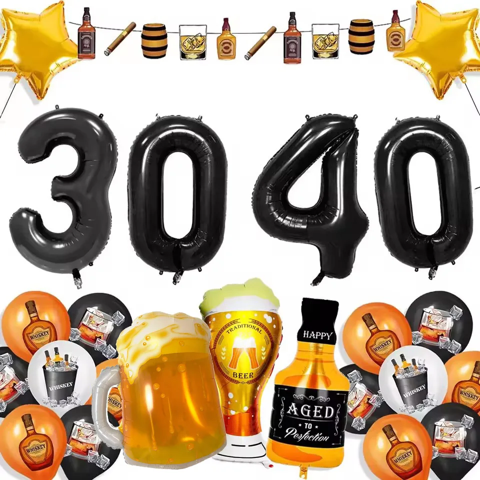 Ballon à chiffres noirs pour whisky, 30e 40e anniversaire, bouteille de whisky, tasse de bière, ballons pour hommes âgés à la Perfection, décors de fête d'anniversaire