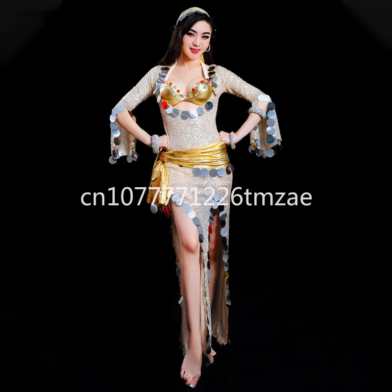 

S,M,L Oriental Dance Women's Sexy Belly Dance Skirt Professional Dancer Golden Set Headdress Belt Dress 3 Pieces