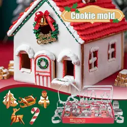 Cookie Cutters Winter Cartoon 3D Gingerbread House Stainless Steel Molds Biscuit Cutter Set With Christmas Tree Snowman Reindeer