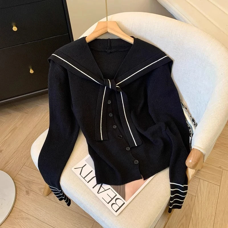 

NAVY Collar Knitted Sweater Women Loose Fit Long Sve Autumn Sle Versatile Slimming Trendy Top Small Fraance Sle