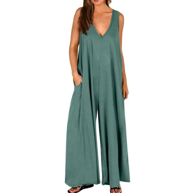 Women's New Summer Casual Jumpsuit Solid Color Elegant Jumpsuit Sleeveless V-neck Wide Leg Pants Jumpsuit Female Fashion Outfits