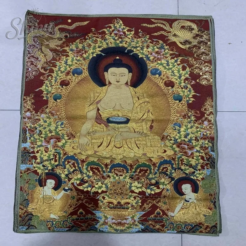 

35.4″ Shakyamuni Medicine Buddha Brocade Tibetan Tangka Embroidery Painting Gold Thread Embroidery Decorative Hanging Pictures