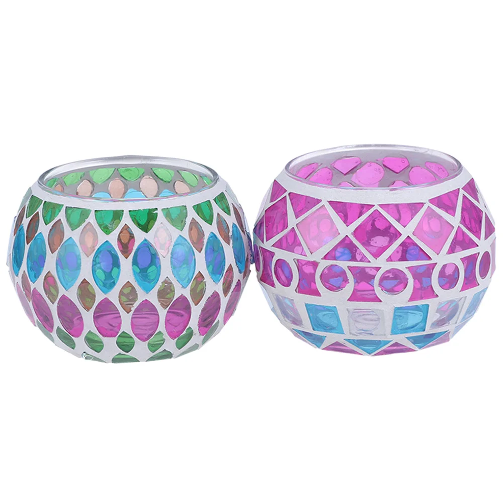 2Pcs Glass Holder Mosaic Retro Round Tealight Holder Colorful Rhombus Dots Vintage Style Home Office Decoration