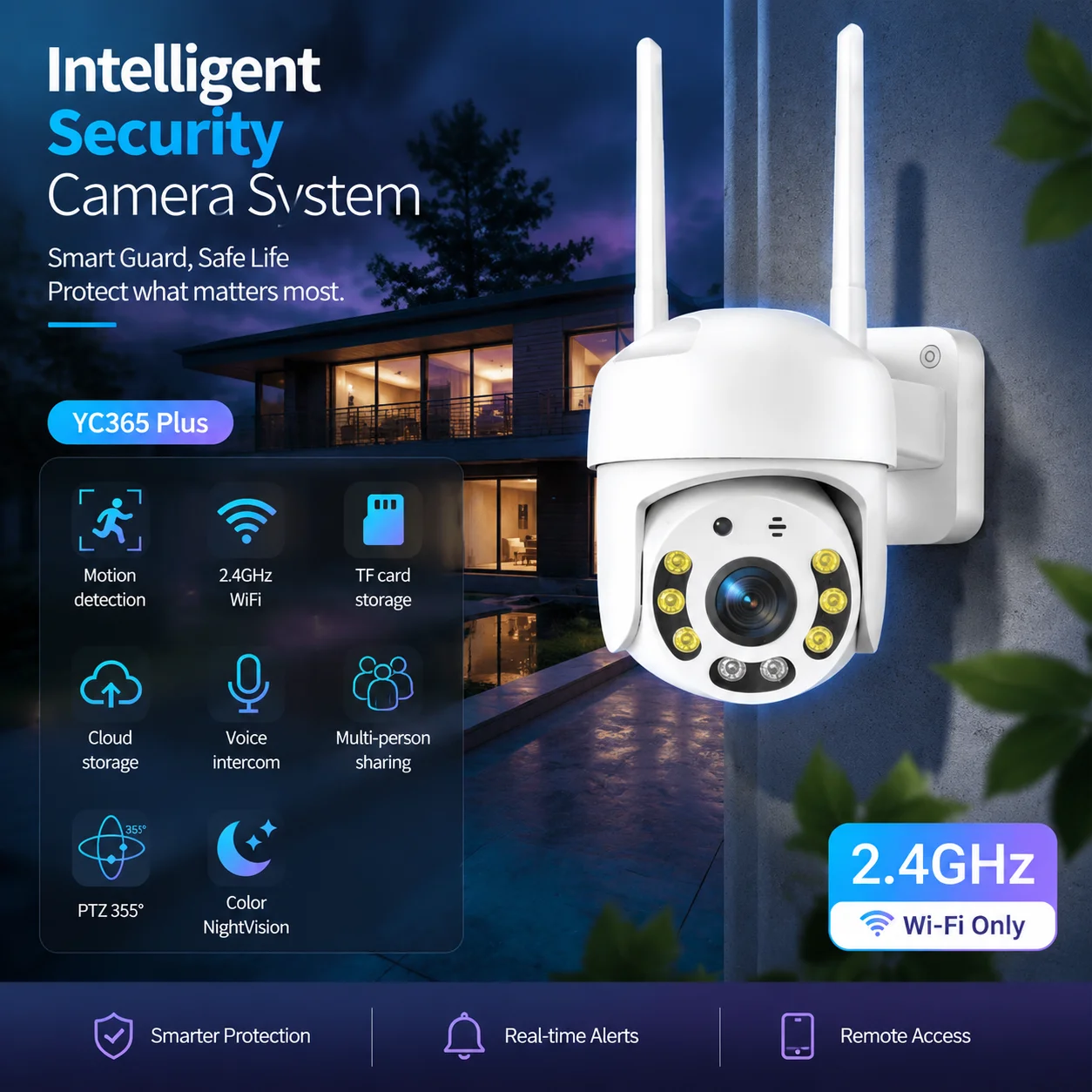 Bezprzewodowa kamera bezpieczeństwa WiFi PTZ YC365 Plus, kamera zewnętrzna z podwójnym oświetleniem, podczerwienią i kolorowym trybem nocnym, automatyczne śledzenie ludzi, powiadomienia o ruchu,