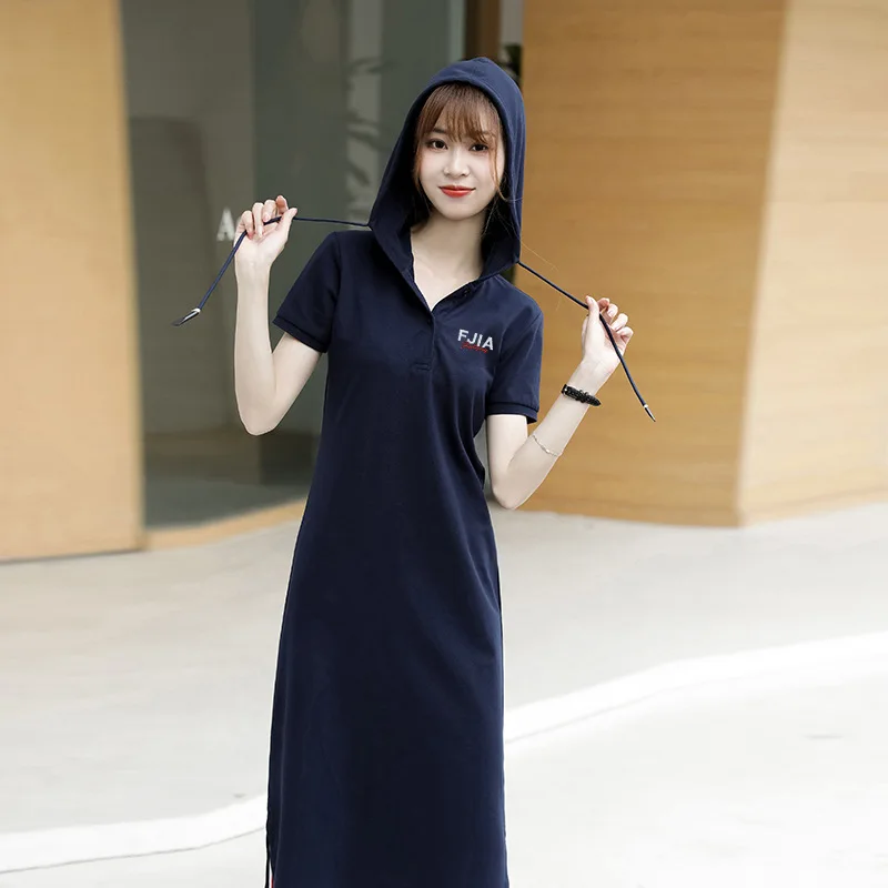 Pearl Cotton Short Sleeve Hooded Sweater Women's Summer 2024 Slimming Youthful-Looking Mid-Length Dress New 2820