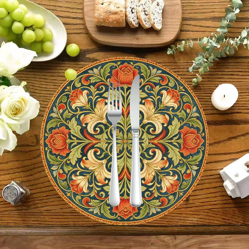 VIKAMA Burgundy Golden Scroll Flower Round Mat, Anti-slip Waterproof Antique Farmhouse Placemat