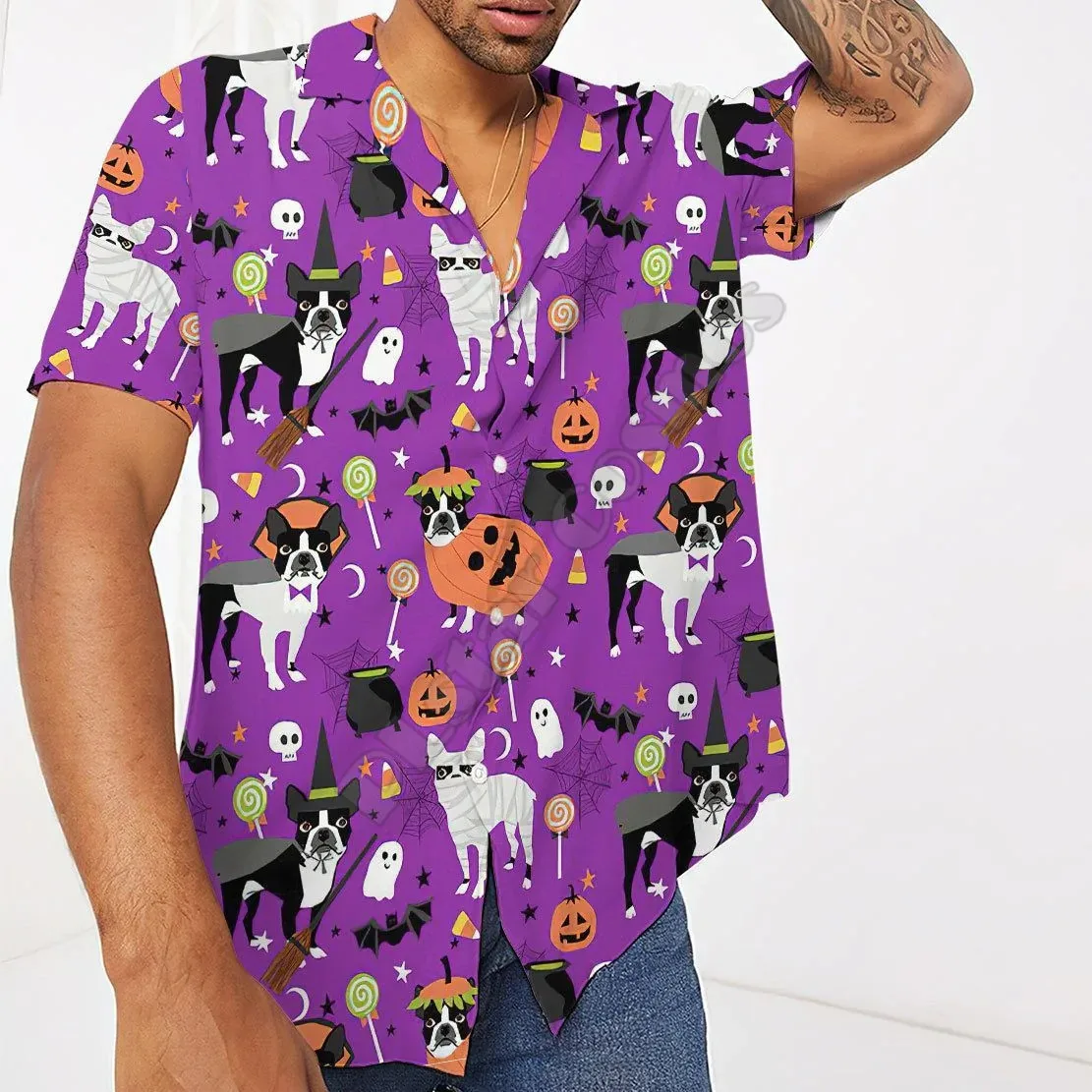 Camisa hawaiana de manga corta para hombre, ropa de calle de gran tamaño con estampado 3D de Boston Terrier, Halloween y Hawaii