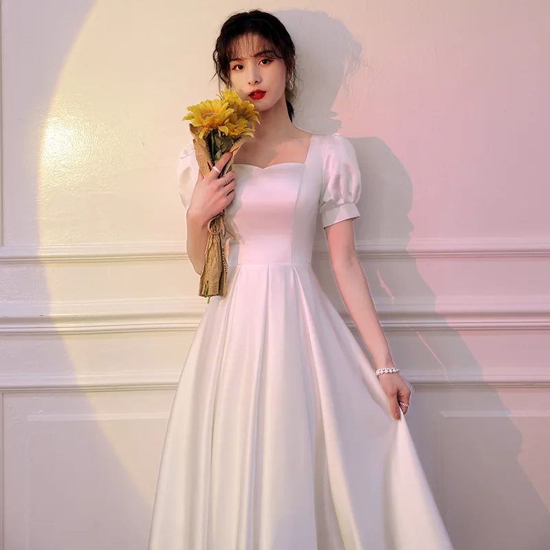 

Sweet Memory A108 Short Puff Sleeve Wedding Dress Satin White Homecoming Graduation Birthday Gown Square Collar Prom Dresses