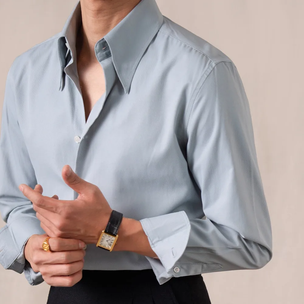 

Мужская рубашка из смесового хлопка, повседневная, приталенная, из твила, премиум-класса, с драпировкой, для делового и повседневного стиля, с потайными пуговицами