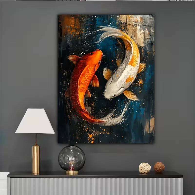 2D Flat, 2D Flat Painting 1pc No Framed Canvas | Posters & Prints | Yin Yang Koi Fish Zen Wall Art Canvas Print, 12x16inch,