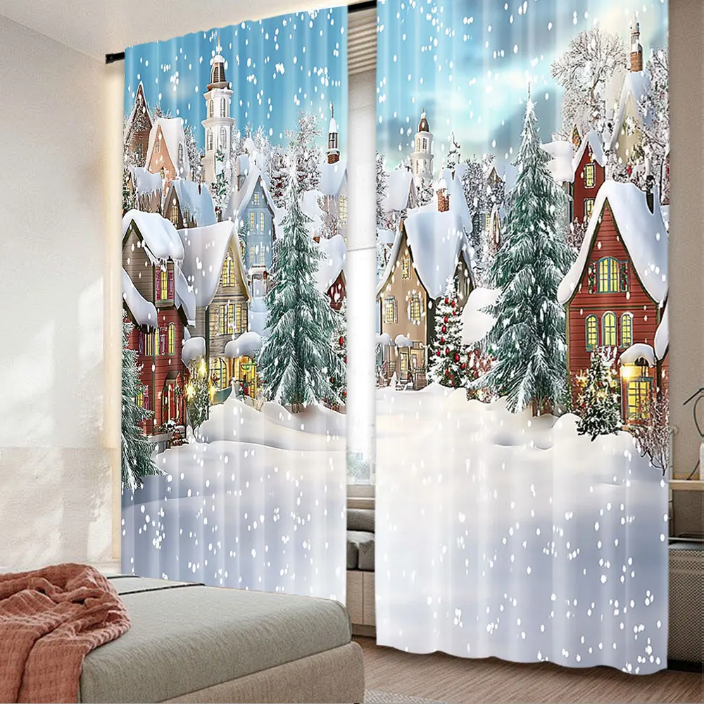 2Pcs Christmas Curtain Village Under Snow Winter Holiday Season Pine Forest Suitable For Bedroom Living Room