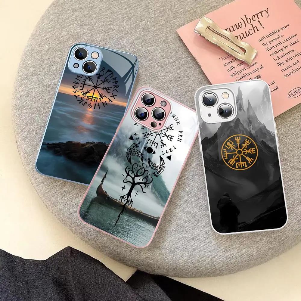 V-Viking Vegvisir Logo Phone Case For iPhone 14 13 12 Mini 11 Pro XS Max X XR 14 Plus Tempered Glass Cover