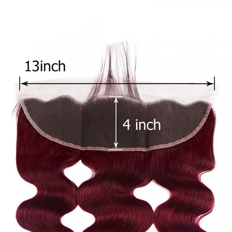 Pacotes de cabelo humano com fecho, Onda corporal, Cabelo humano 100% real, 13x4 Lace Frontal, 3 Pacotes com extensões de fecho, 28 in, # 99J