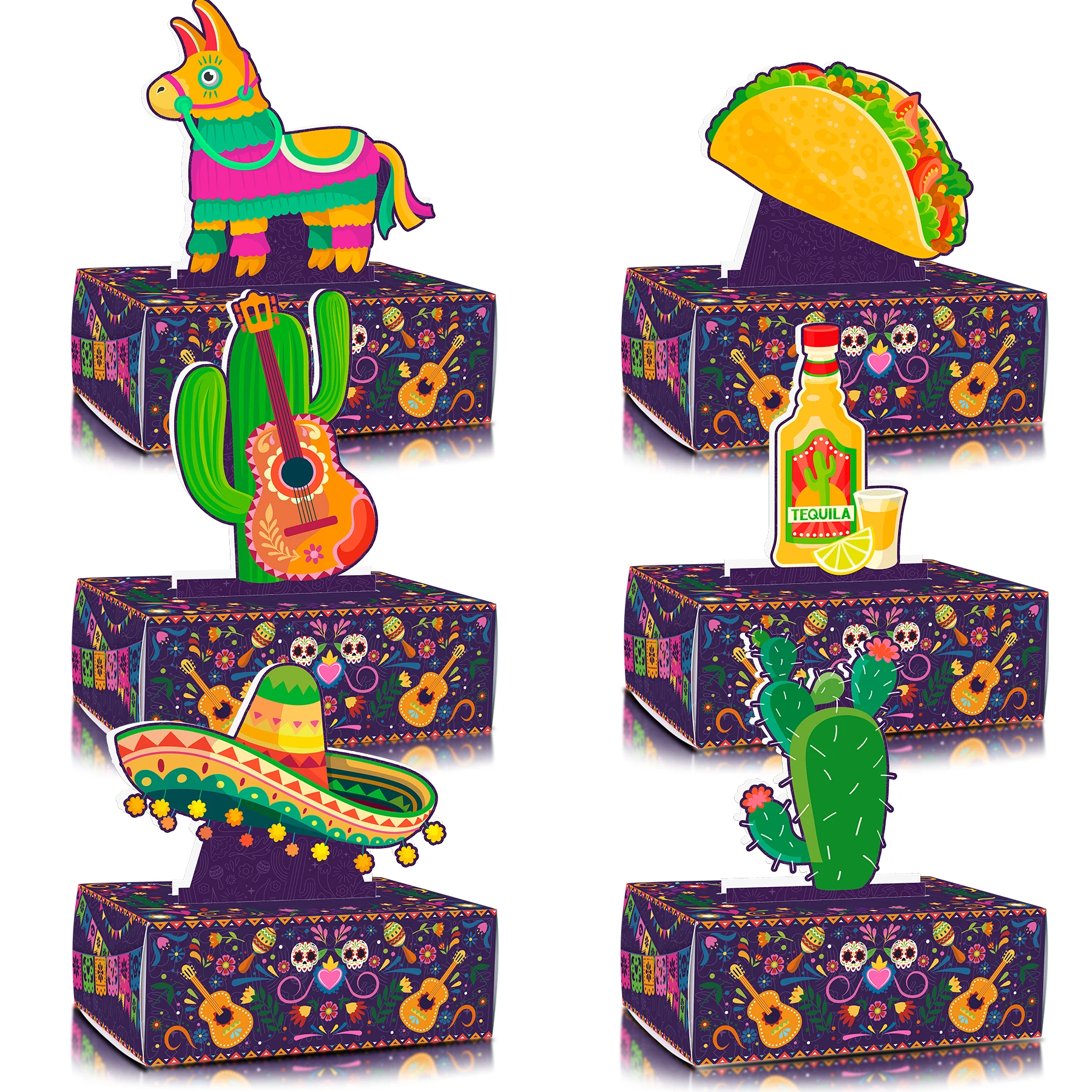 Funny Mexican Fiesta Party Gift Boxes with 6 Toppers & 6 Boxes, Cinco De Mayo Party Candy Goodie Treat Boxes for Party Gifts