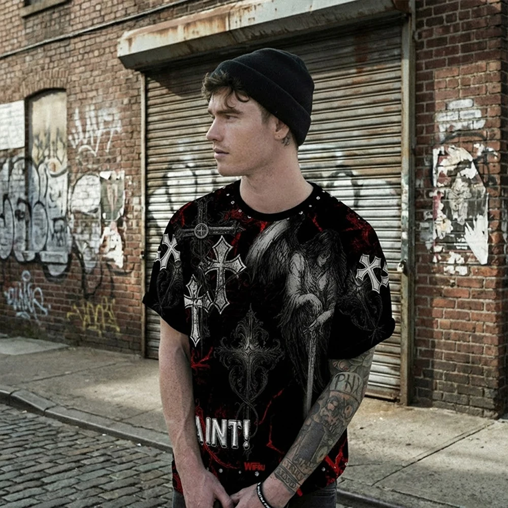 

WIFRU Men's Gothic Angel Cross Pattern T-shirt Summer Retro Saint Print Casual Short-Sleeve Shirt Street Punk Rock Fashion Top