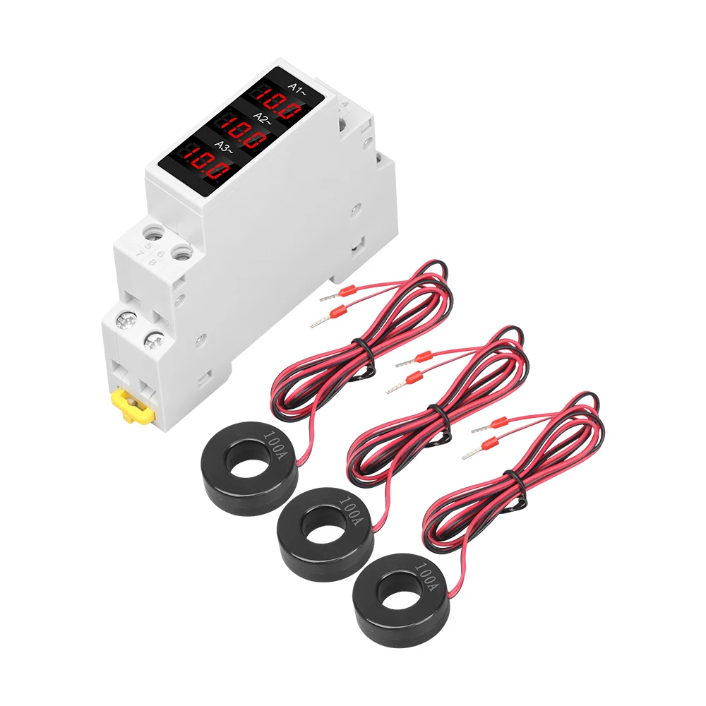 LED Din Rail Digitale Display Driefasige Ampèremeter 1-100A AC80-500V Eenfase Volt Amp 0-99Hz Voltag Stroom Herz Meter