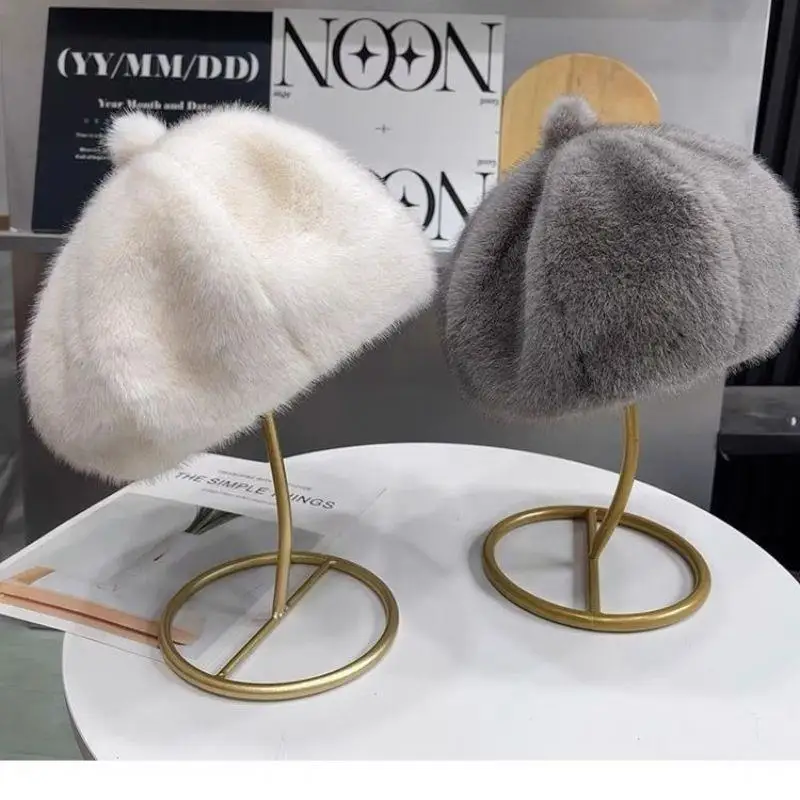 Inverno mais quente boinas de pelúcia para mulheres imitação de pele de vison chapéu engrossar francês quente peludo pintor chapéu feminino meninas boné presente de natal