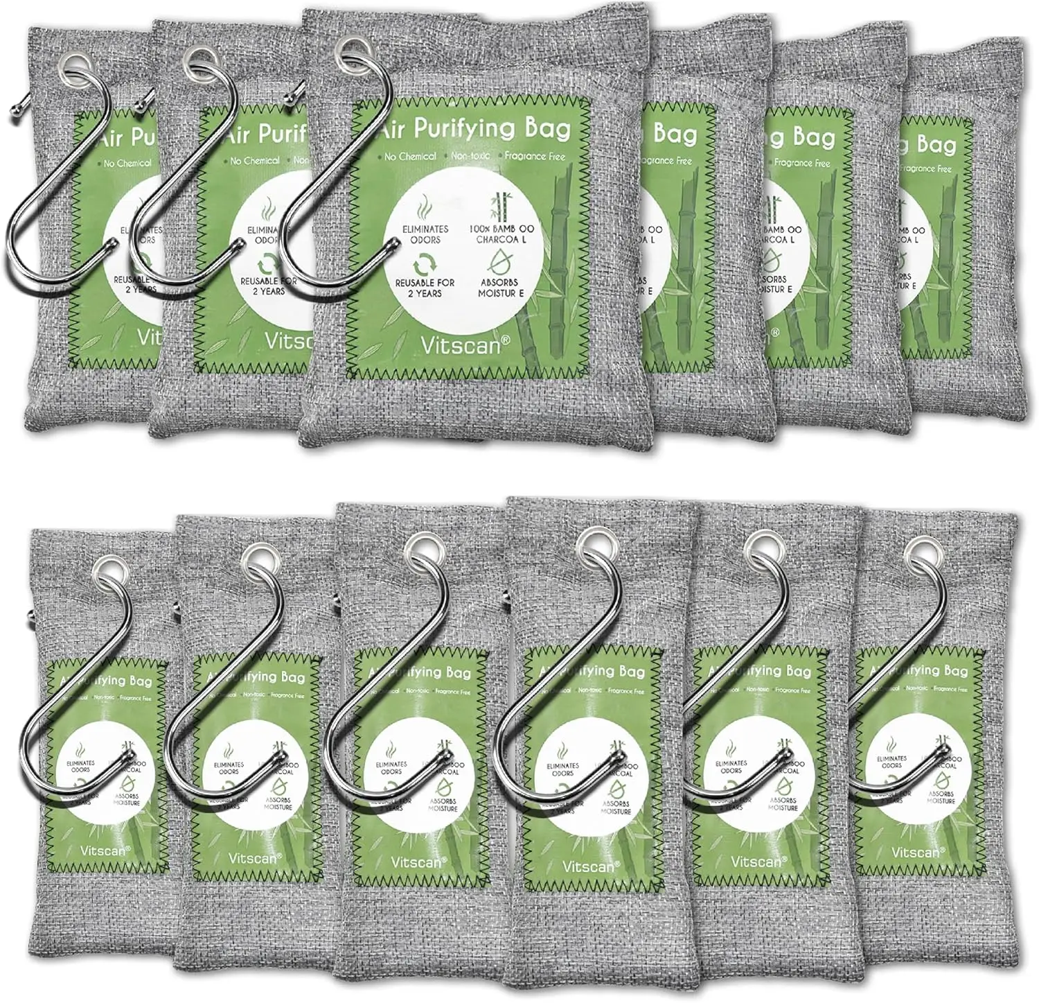 

12 Pack Bamboo Air Purifying Bag, Activated Charcoal Bags Odor Absorber, Moisture Absorber, Natural Car Air Freshener
