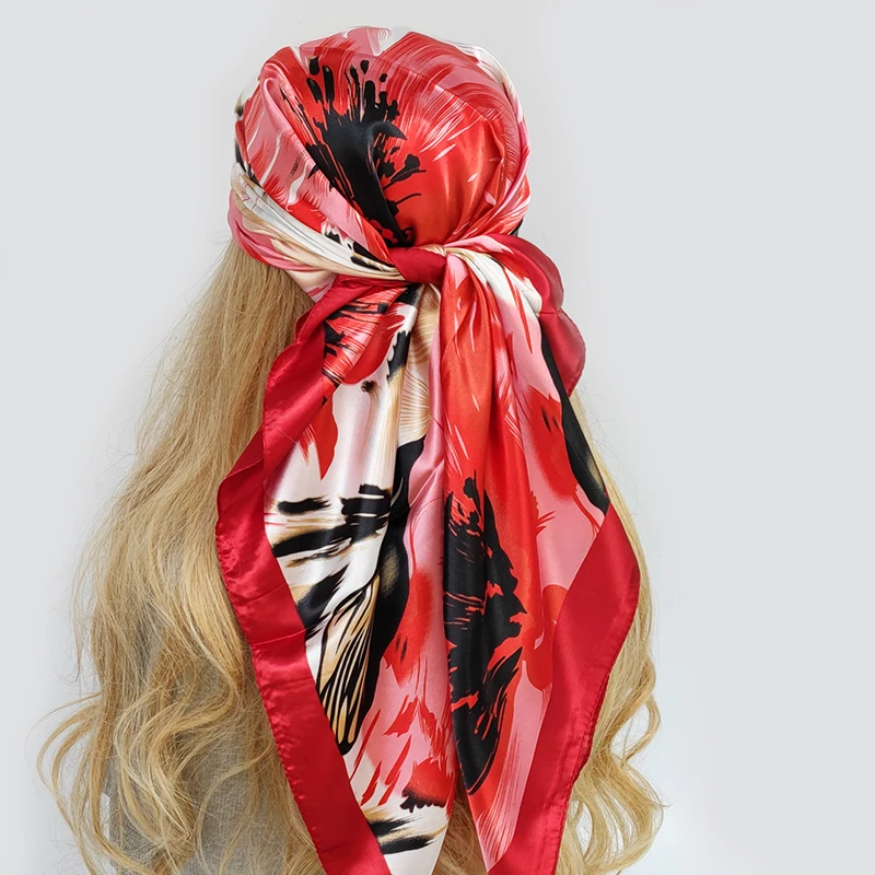 Bufanda para el pelo de 90x90cm para mujer, Foulard de flores hermosas de diseñador a la moda, chal de satén suave, pañuelo cuadrado de seda,