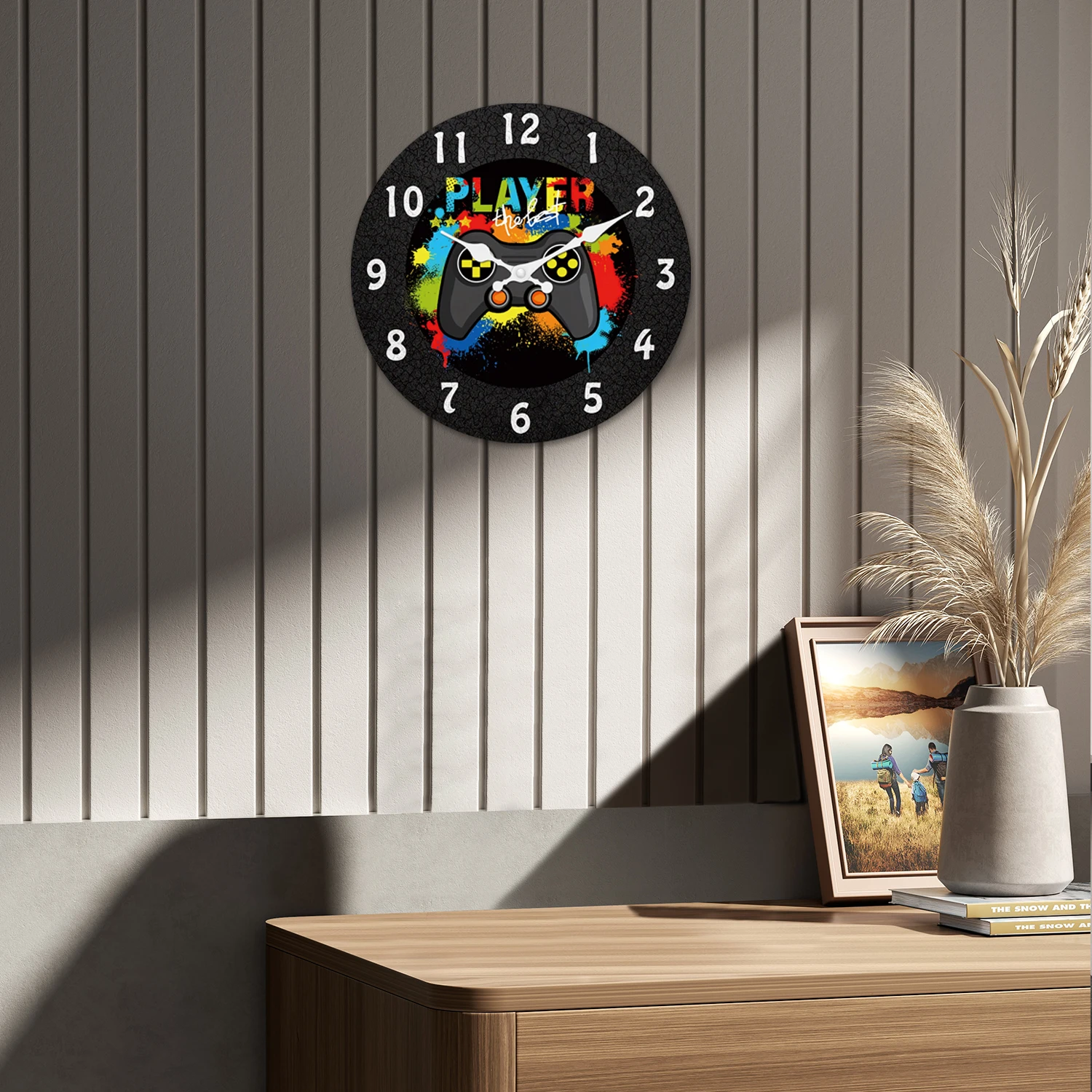 A Modern and Stylish Colorful Game Controller Wooden Wall Clock for Living Room, Bedroom, Kitchen, Home Decoration, Silent Quartz Clock, Holiday Gift, 10 Inches, 12 Inches (No Battery)