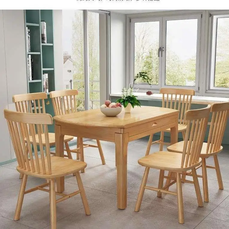 Simple modern jumping platform retractable round dining table small apartment furniture rubber wood dining table and chair