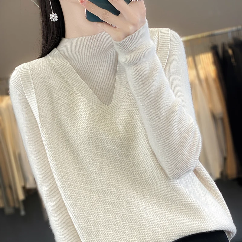 

2024 Spring and Autumn Women's V-neck Tank Top New Fashion Cashmere Knitted Versatile Pullover Tank Top Slim Fit