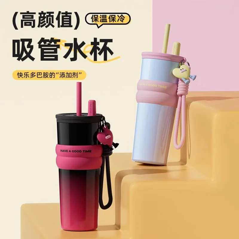 New high-value 316 stainless steel Bingba cup universal ceramic liner thermos cup simple and fashionable straw water cup