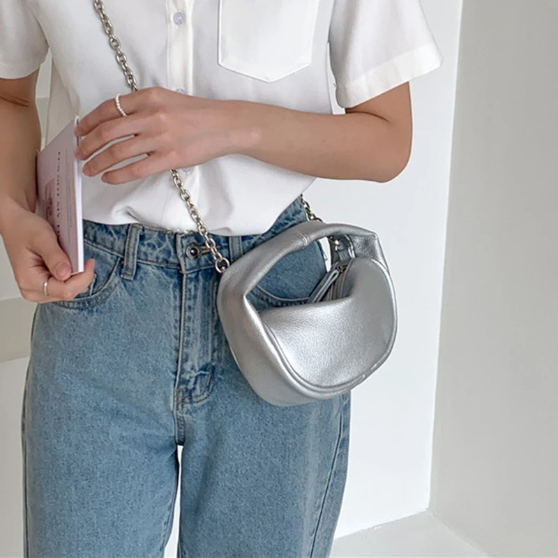 Soft Leather Crossbody Bags for Women 2023 Y2K Designer Luxury Silver Handbags and Purses Fashion Casual Chain Hobo Bag