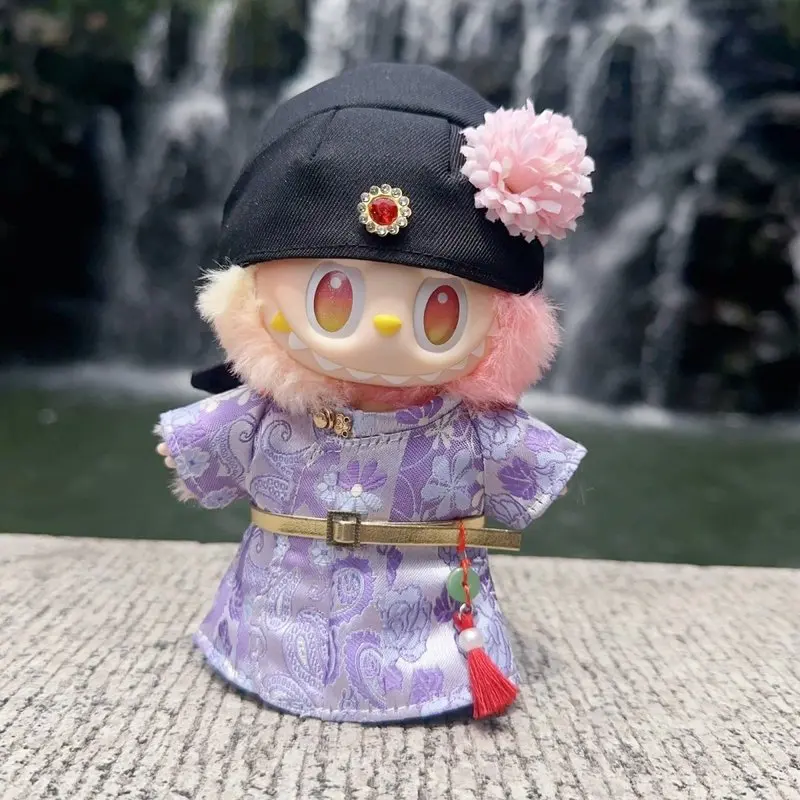 ل Labubu Gen 123 دمية الزي 17 سنتيمتر جديد سوبر لطيف الطراز القديم تانغ دعوى زهرة الطيور العرقية الصينية الرسمية زي