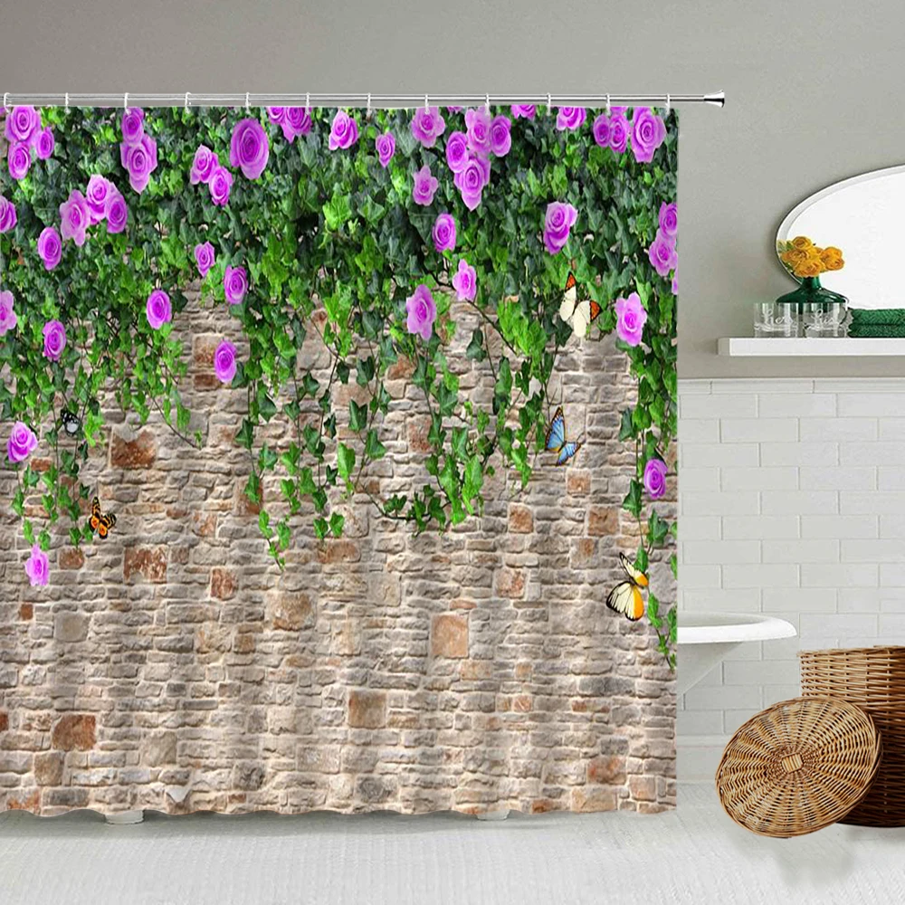 Green Ivy Old Stone Wall Shower Curtain Garden Potted Flowers Waterproof Bathroom Photography Backdrop Screen With Hooks