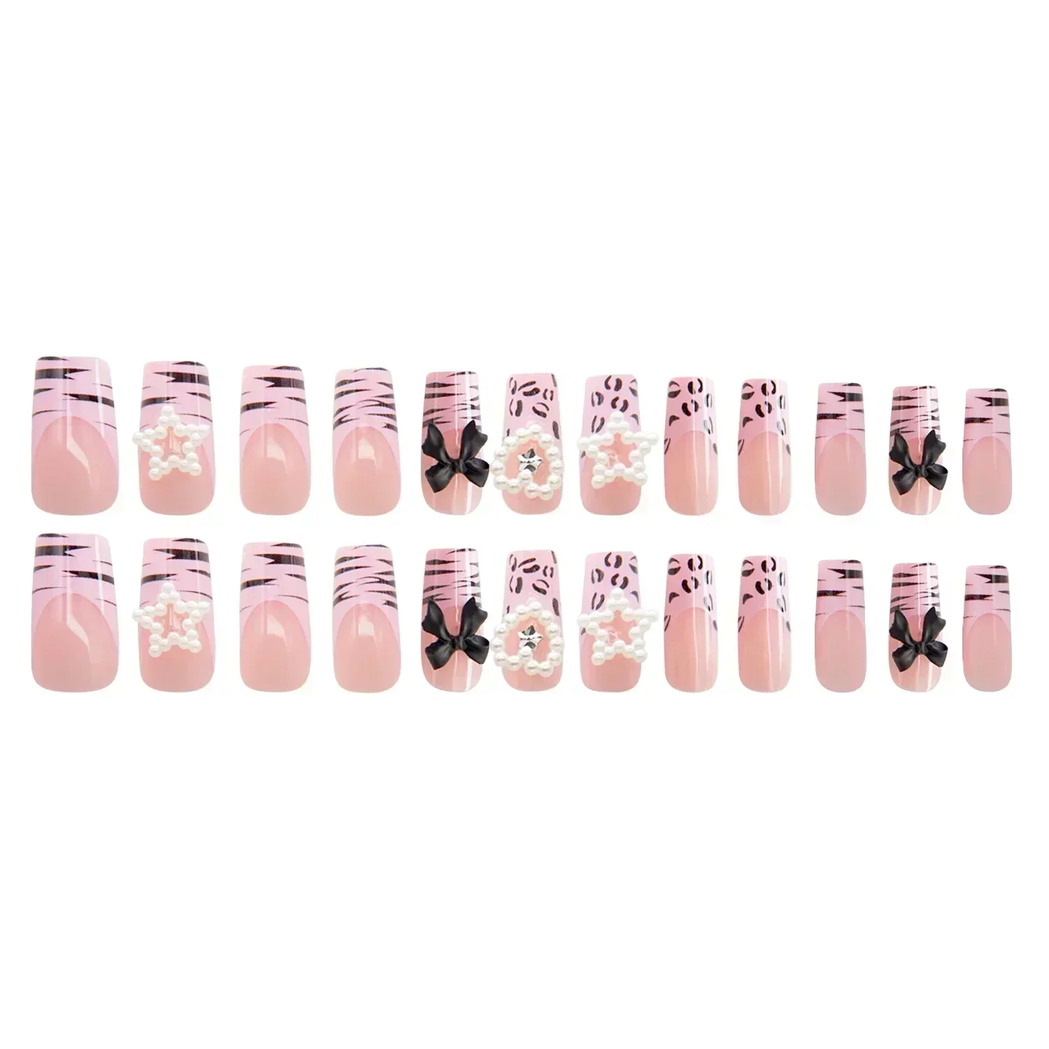 24Pcs French False Nails Pink Zebra Pattern Press on Nails Medium Square Coffin False Nails Y2k Artificial Full Cover Nail Tips