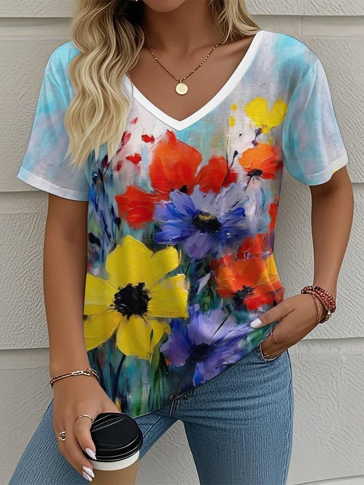 

Women's T-Shirt Floral Pattern Print Tees Casual V- Neck Short Sleeve Tops Oversize Top Outdoor Street Fashion T Shirts Clothing