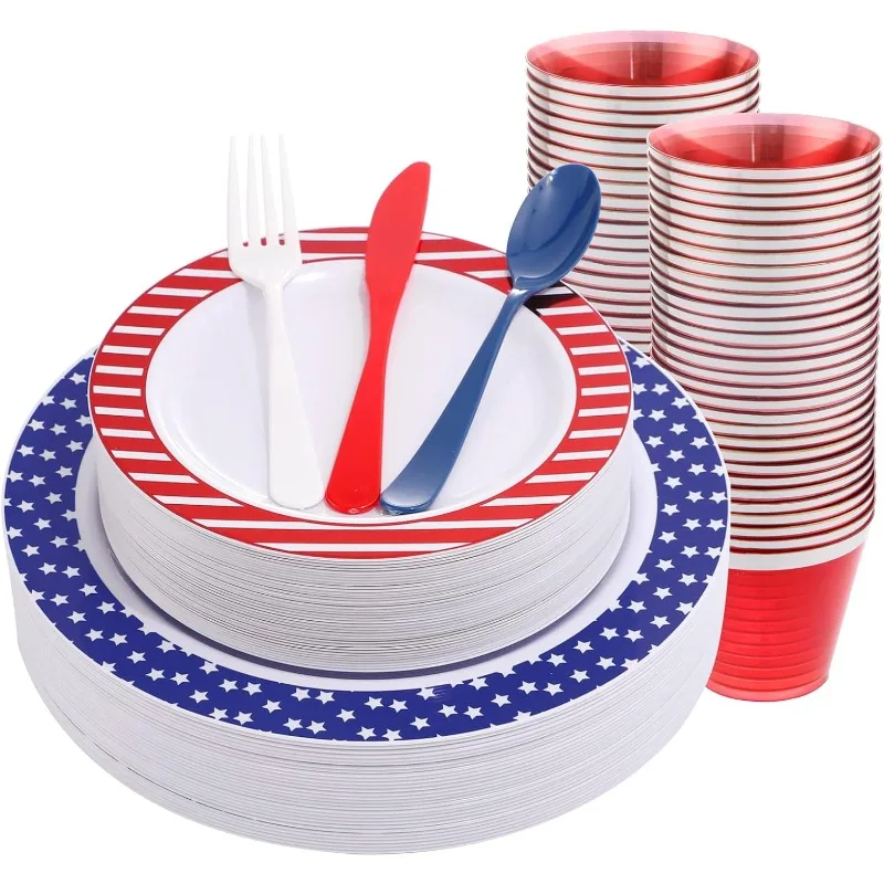 180pcs American Flag Dinnerware, Red White Blue Plastic Silverware for Independence Day,Include Dinner Plates,Dessert Plates