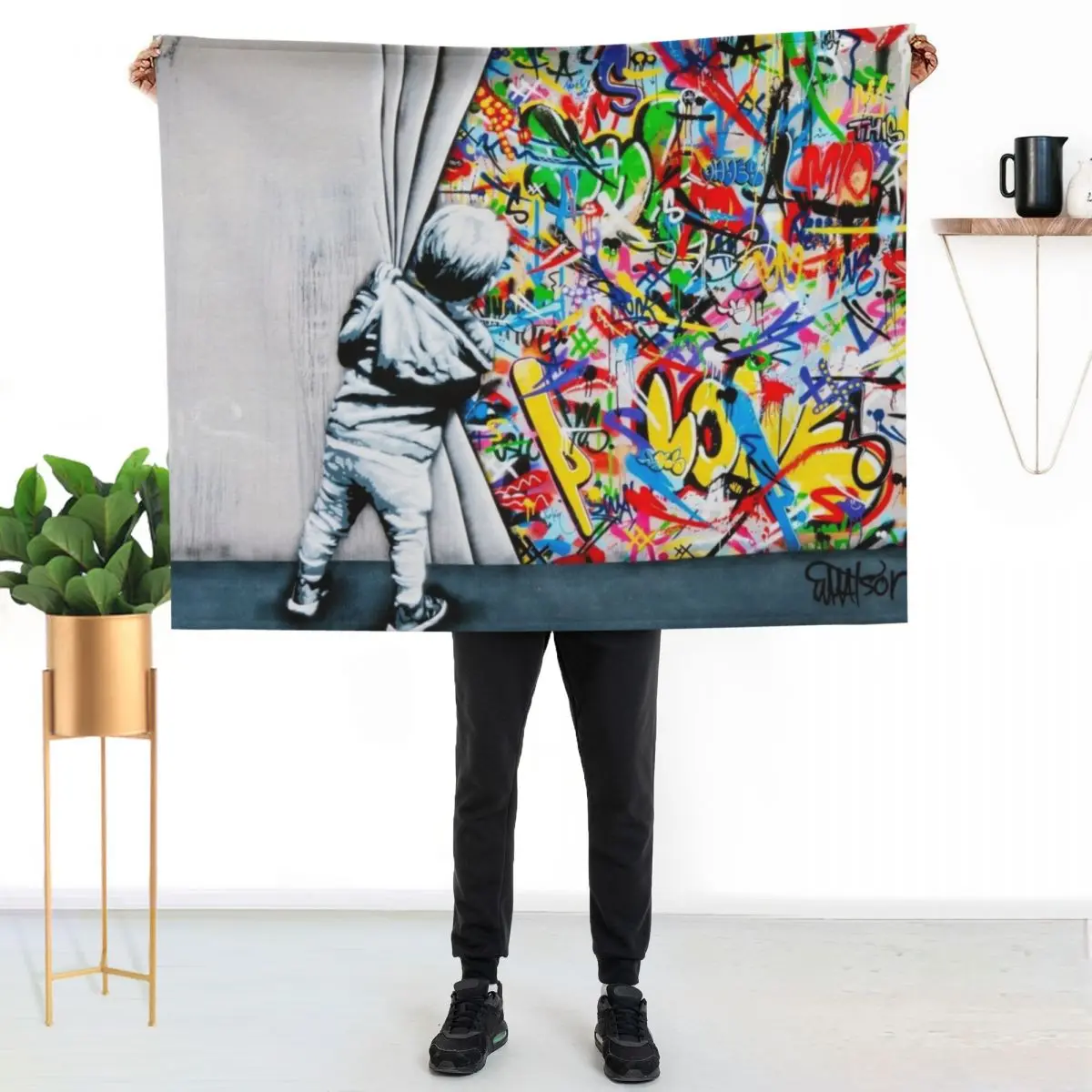 Behind The Curtain Boy - Colorful Graffiti Pop Art - Banksy Street Art Mural Throw Blanket Sofa Softest Blankets