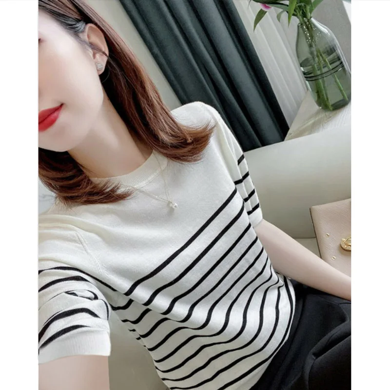 

Летний повседневный свободный вязаный топ из ледяного шелка ort Sve, женский круглый Ne Overhead irt Commute Sle, корейская версия Poem Art