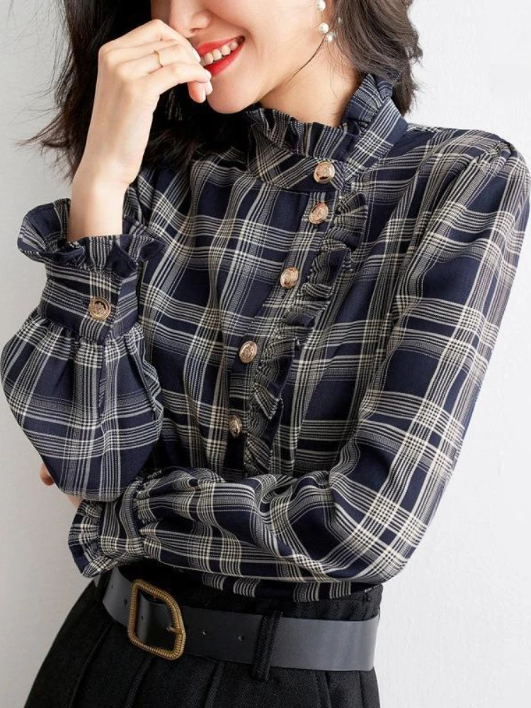 Blouses Women Plaid Tops Temper Flare Sleeve Vintage Streetwear Classic Stand Mature Casual Korean Style Females Autumn Clothing