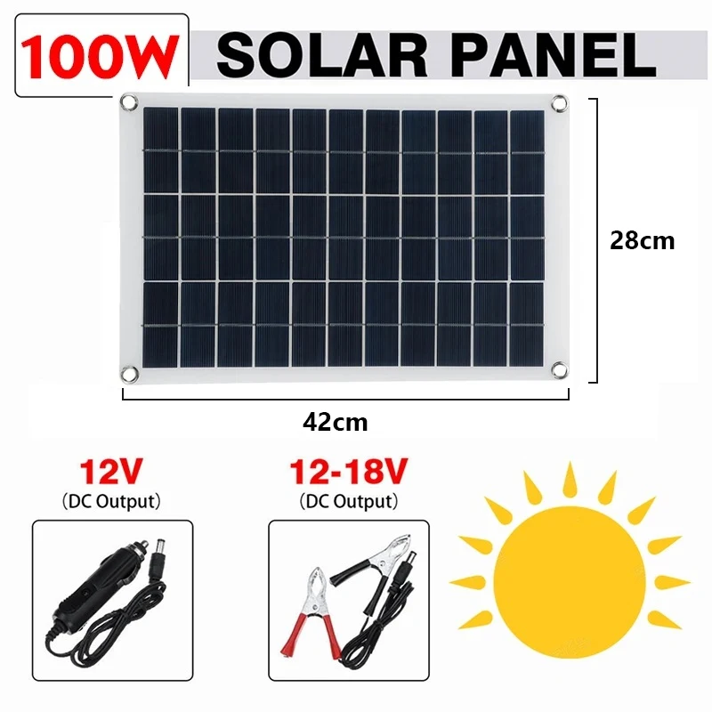 100W Solar Panel Dual USB Solar Cells 18V Solar Plate Power Bank for Moblie Phone Camping RV Car Yacht Outdoor Battery Supply