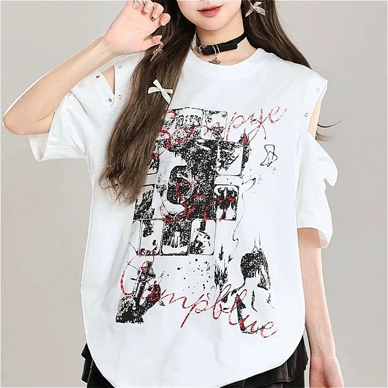 Y2k Harajuku Off Shoulder Sleeve T Shirts Women Graffiti Print Irregular T Shirts American Style Summer Streetwear Daily Outfit