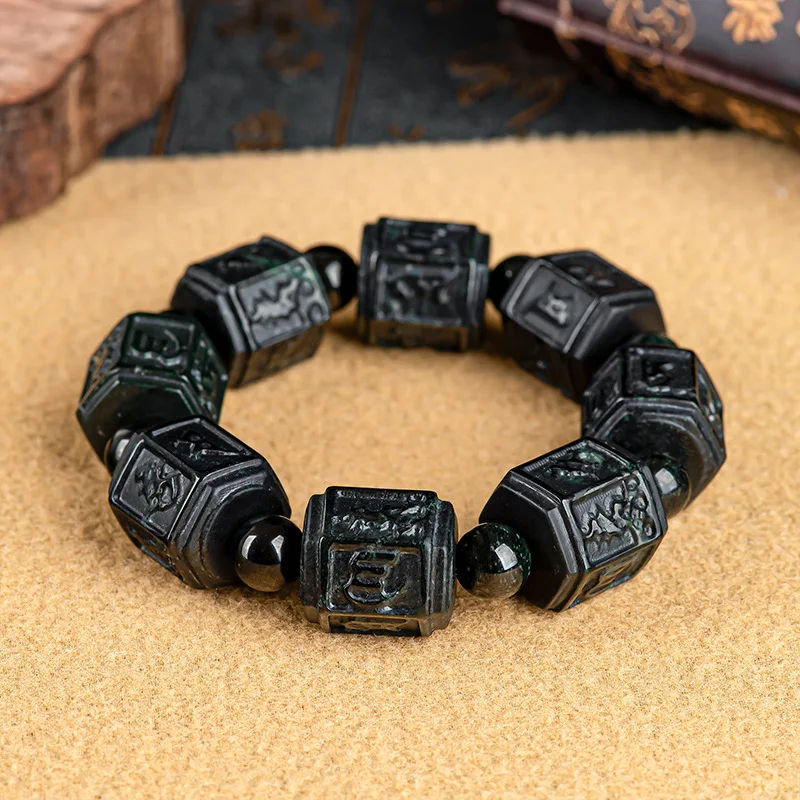 Natural Burma A-goods Jade Black Chicken Six Word Truth Passepartout Hand String Jadeite Beads Bracelet Transfer Barrel Jewelry