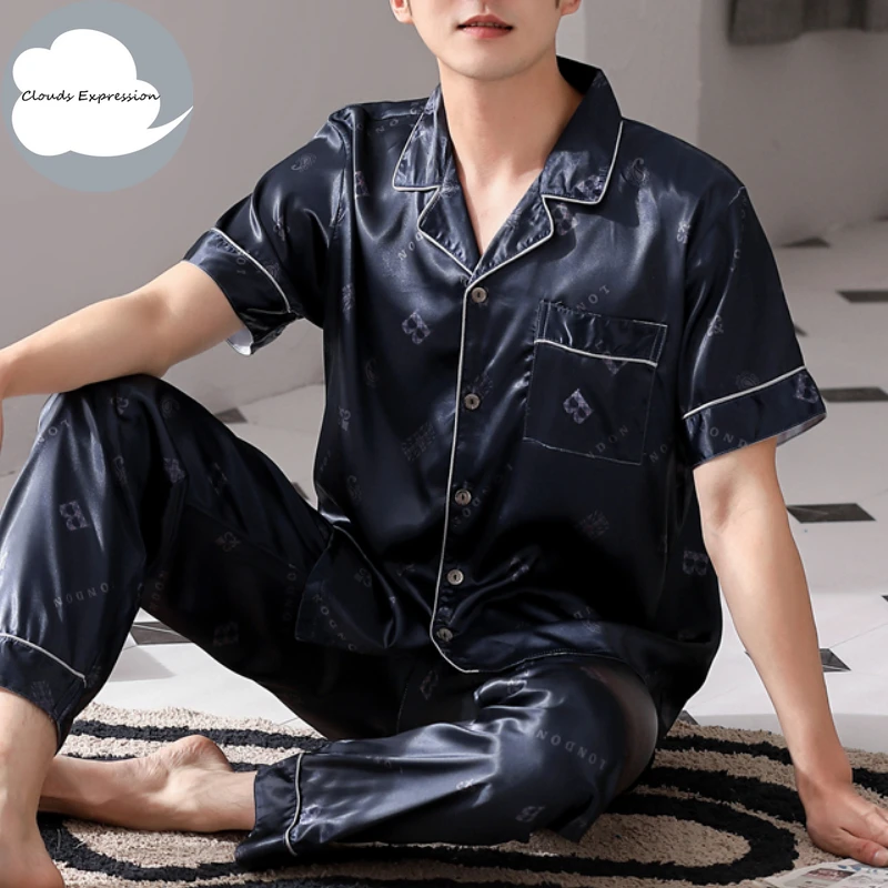 Verano 4XL pijamas azules para estar en casa imitar seda conjuntos de pijamas para hombre pijama de satén ropa de dormir masculina Pjs ropa de dormir ropa de casa moda