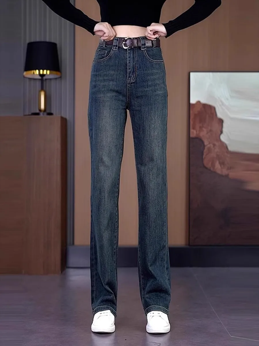 

Женские джинсы-клеш с широкими штанинами, прямого кроя, облегающие, длинные брюки, весна-осень, новые, на флисовой подкладке, с высокой талией